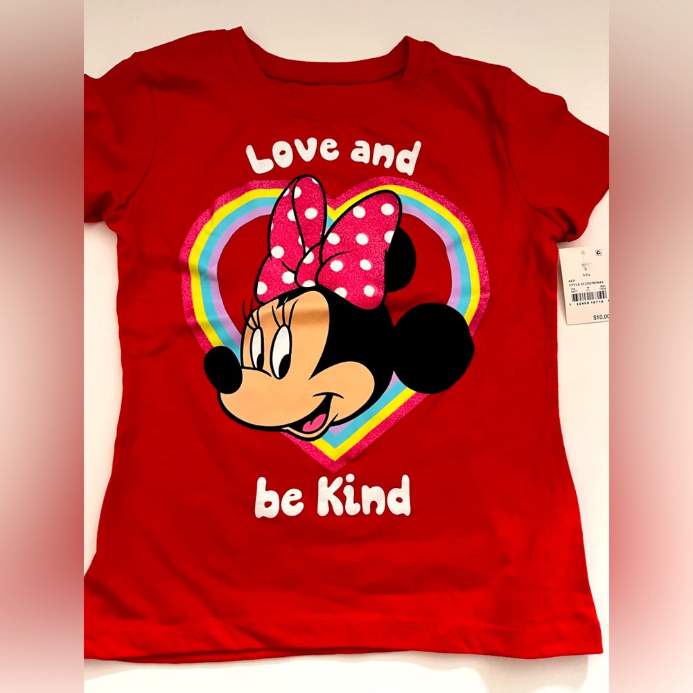 NWT Red Minnie Mouse with Pink Glitter Heart & Bow T-shirt Top